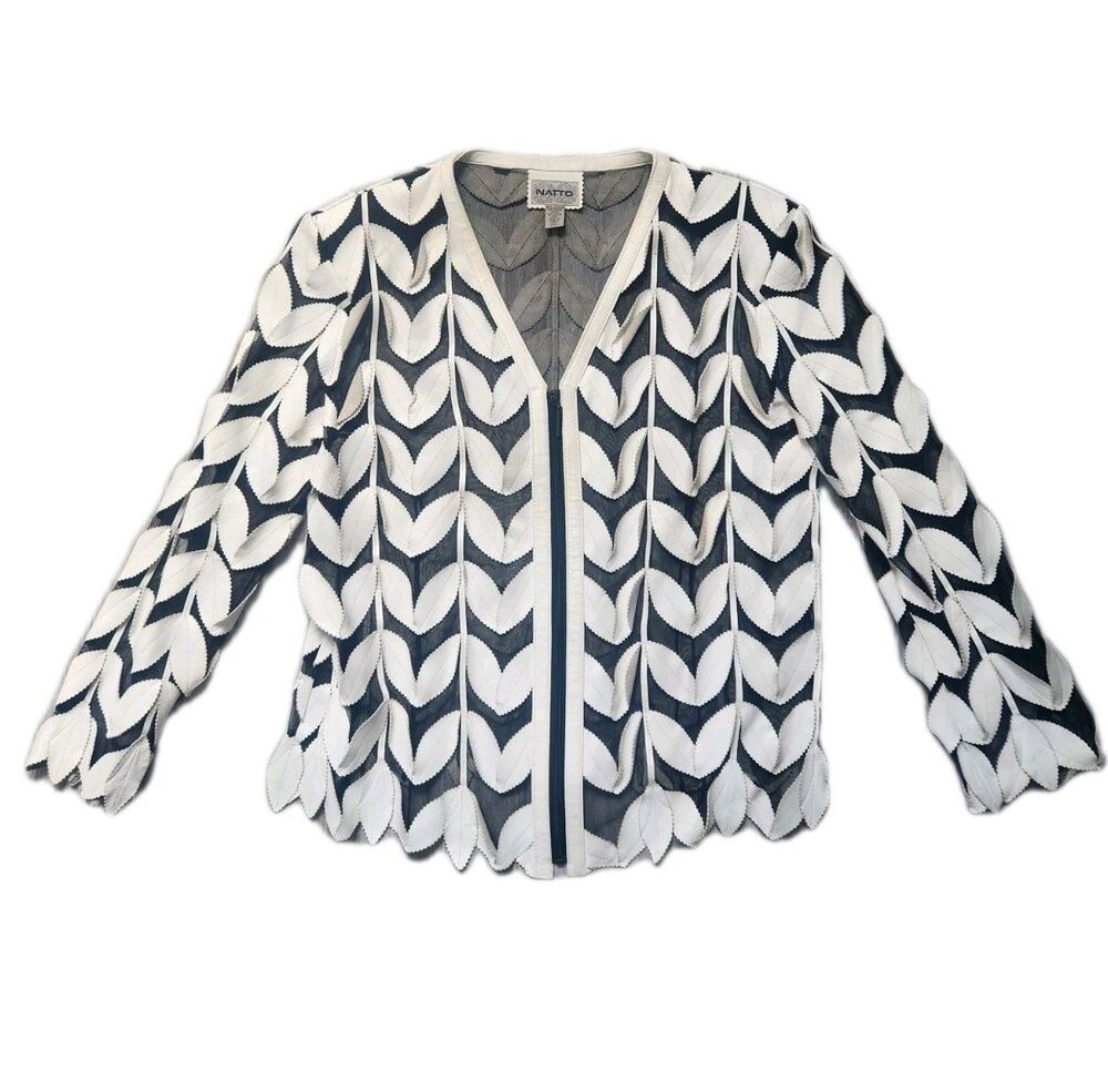 VTG NATTO Genuine Leather Leaf Mesh Jacket Womens XL White Black Zip Sheer GUC